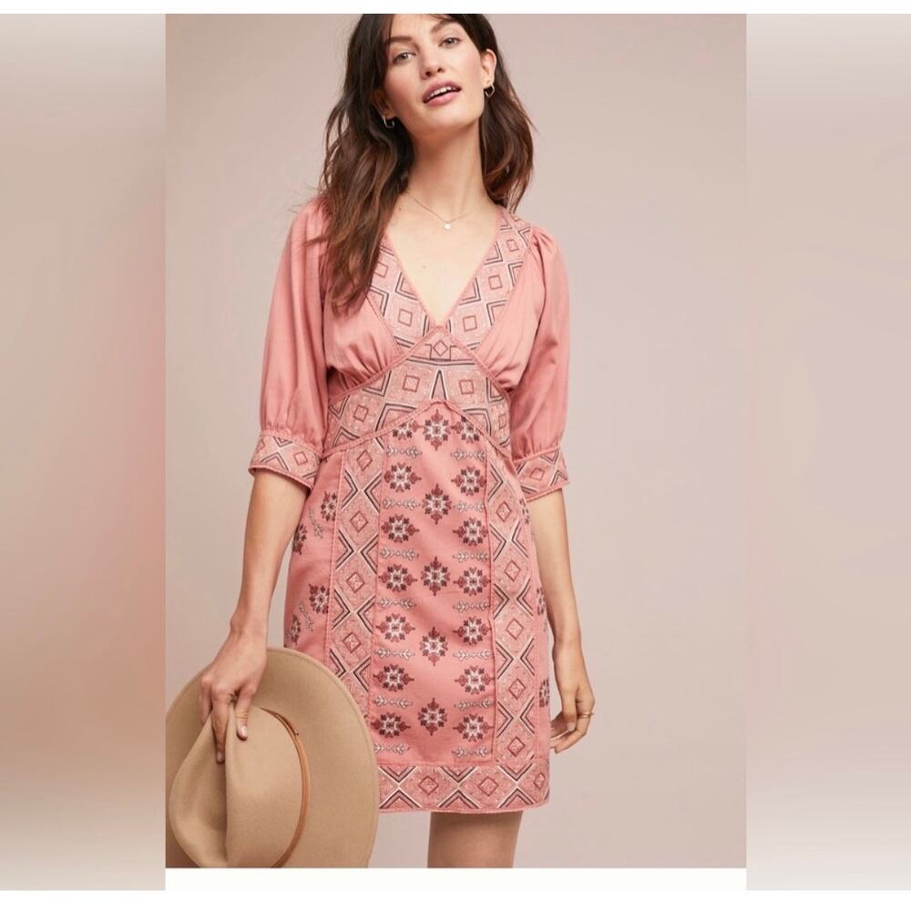 ANTHROPOLOGIE Love Sam Monterrey Embroidered Tunic Mini Dress, Small